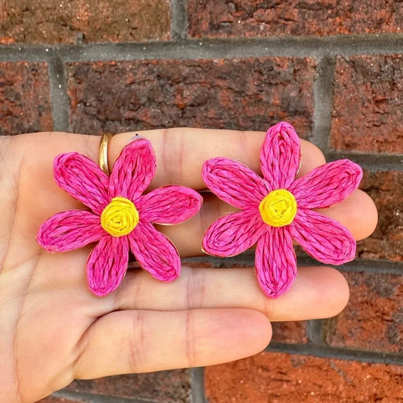 Lalita Pinkish Sky Boho Raffia Flower Earrings - Picture 9 of 9